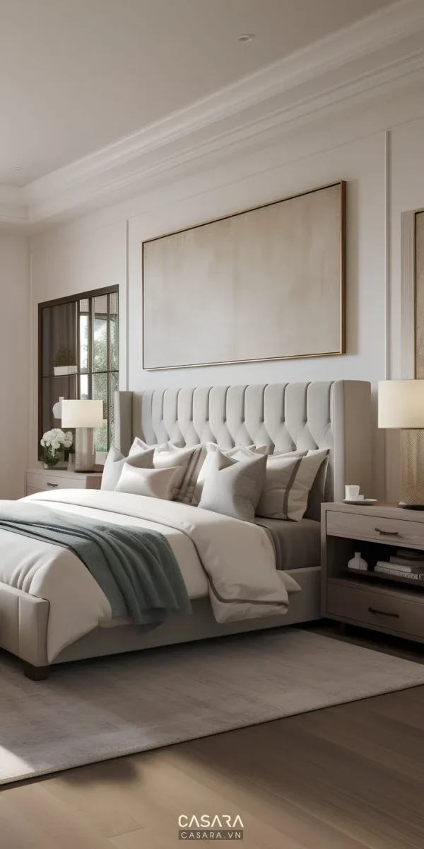Phòng ngủ sáng màu với giường bọc nệm cao, tranh treo tường lớn và tủ đầu giường hai bên