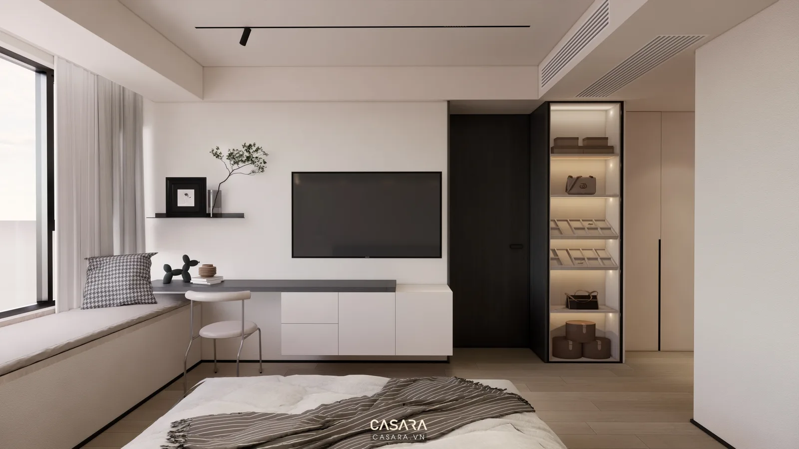 hình ảnh nội thất chung cư đẹp có góc làm việc nhỏ cạnh cửa sổ và kệ treo tường