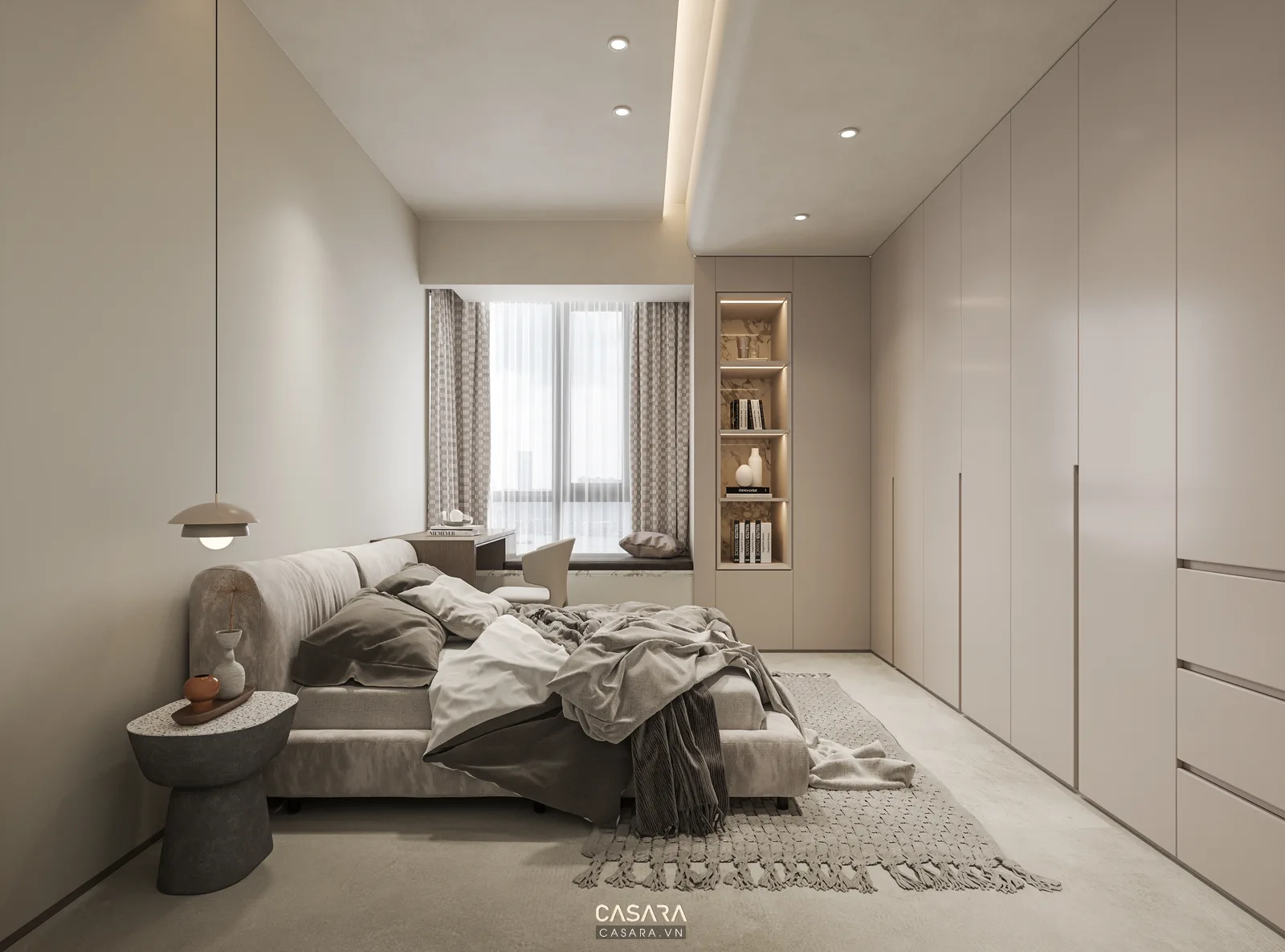 phòng ngủ chung cư 70m2 có tủ áo kịch trần và bàn làm việc