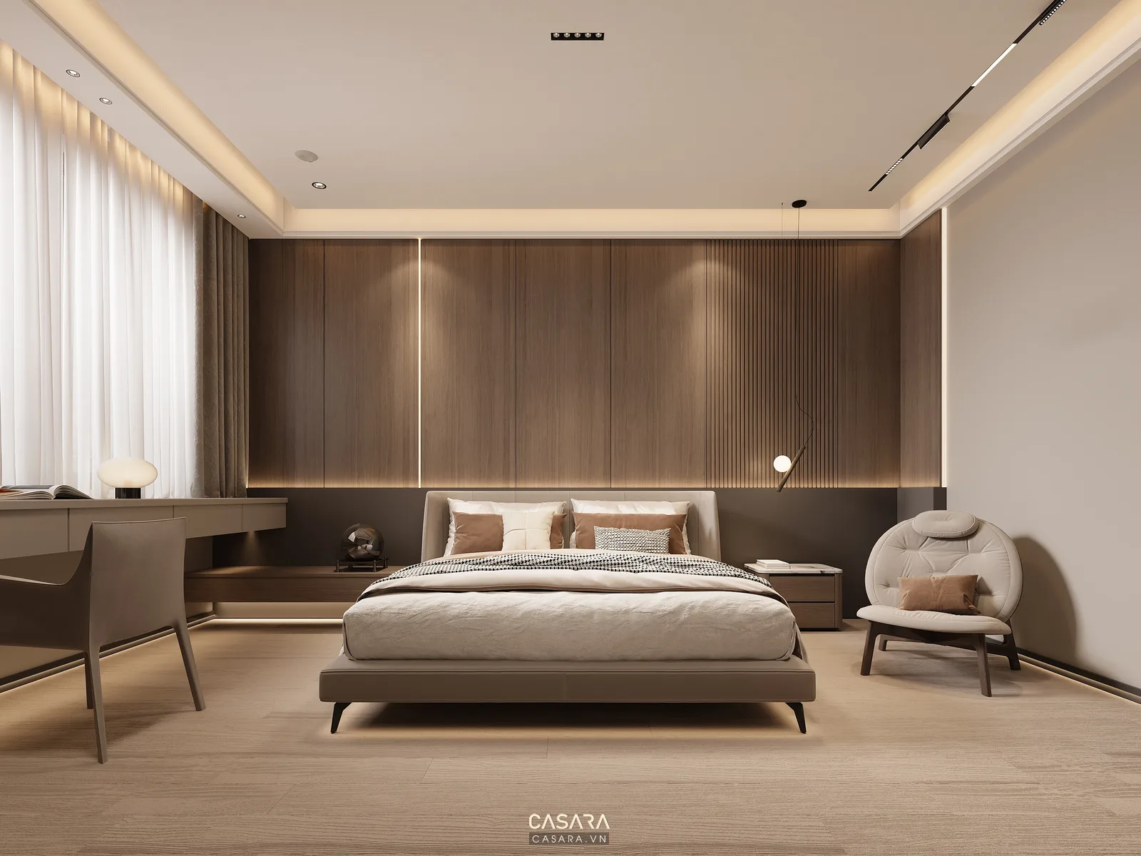 phòng ngủ căn hộ tp hcm có giường tủ áo bàn làm việc và đèn đầu giường
