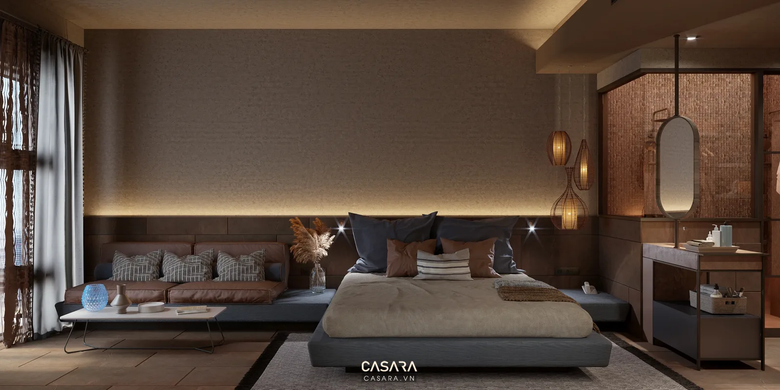 Căn hộ studio 30m2 phong cách Japandi với giường thấp, sofa vải sáng, bàn gỗ và ánh sáng ban công