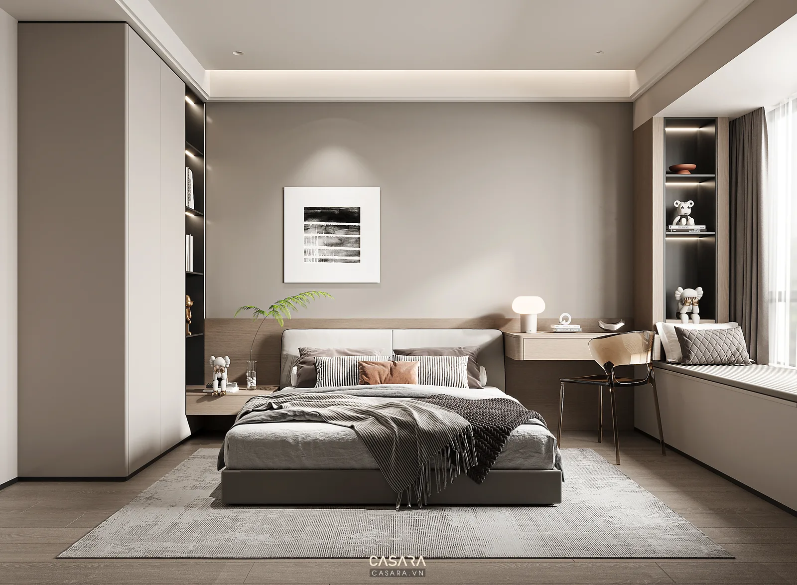 Căn hộ 70m2 2 phòng ngủ có tủ lưu trữ, đèn trần và góc làm việc