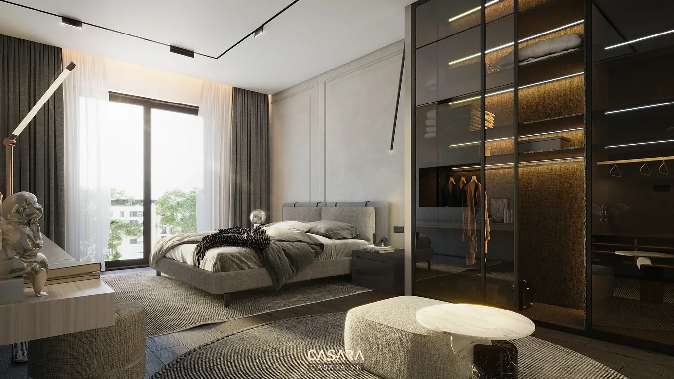 Phòng ngủ chung cư Đà Nẵng với giường bọc nệm, tủ áo kịch trần và rèm sáng màu