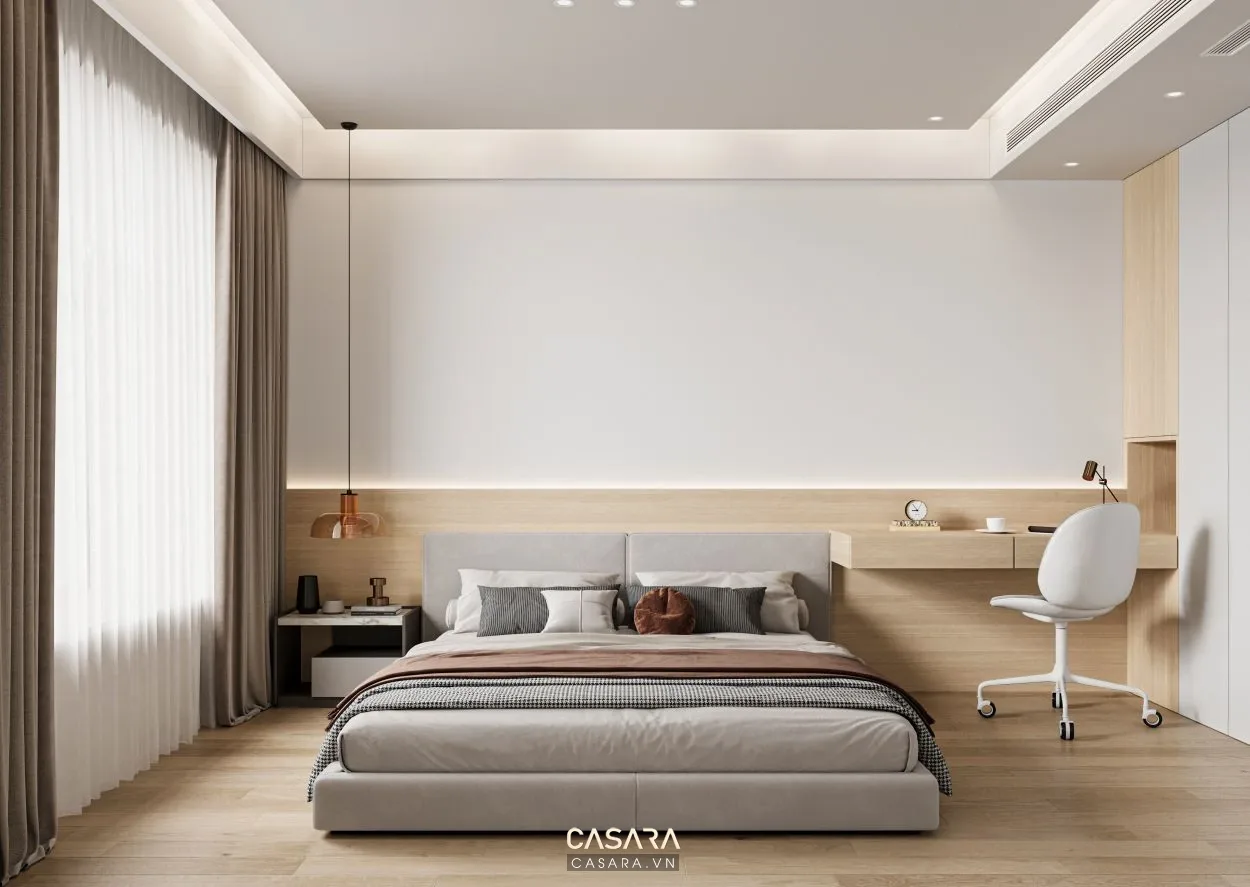 Nội thất chung cư tối giản góc làm việc trong căn hộ với bàn làm việc gỗ nhỏ, kệ treo tường phẳng, ghế hiện đại, ánh sáng cửa sổ và màu trung tính