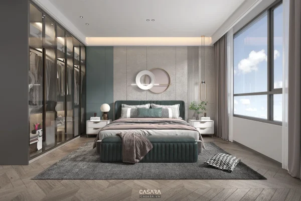 Phòng ngủ hiện đại có giường bọc nệm, tủ kính và cửa sổ lớn