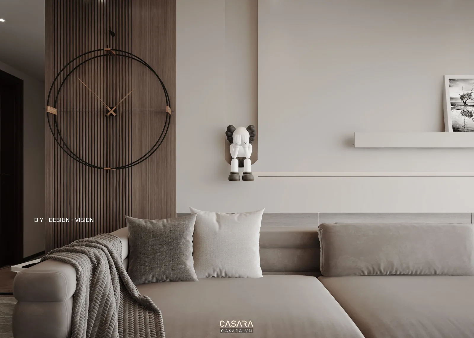 cách trang trí phòng khách đẹp với tranh sau sofa đèn cây và cây xanh