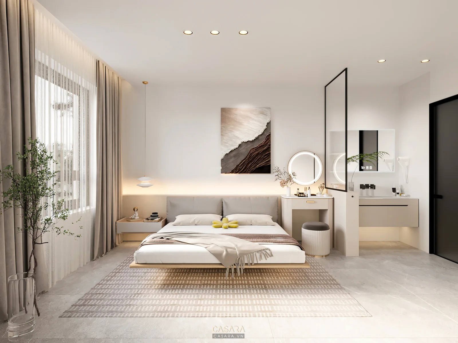 Tủ áo liền tường trong phòng ngủ biệt thự với bàn trang điểm cạnh cửa sổ