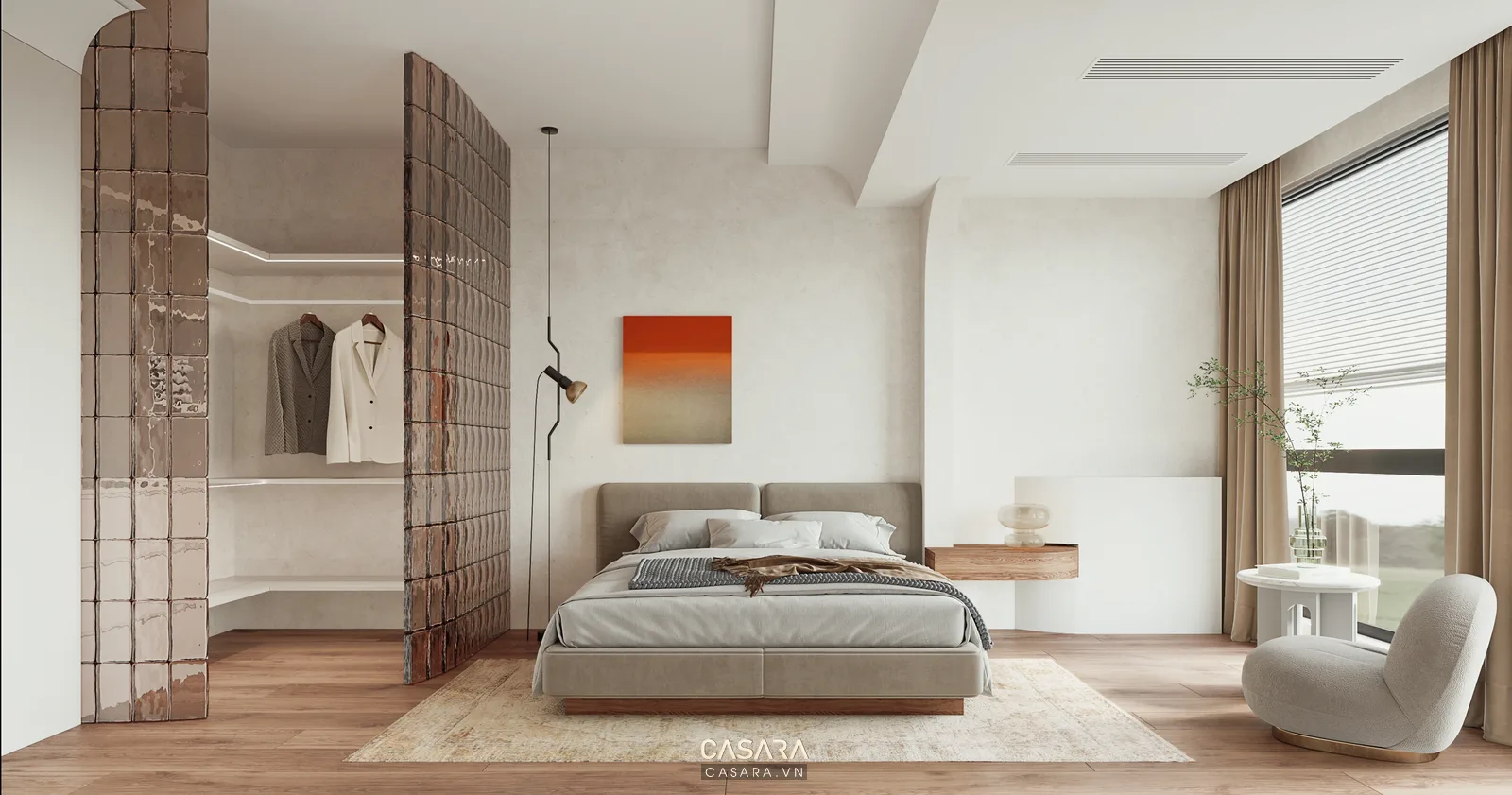 thiết kế nhà 90m2 3 phòng ngủ với phòng ngủ rộng và khu thay đồ