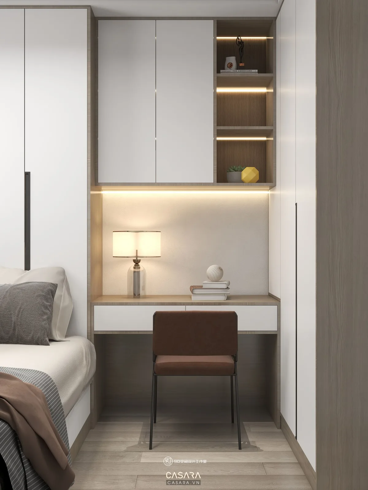 Phòng ngủ nhỏ nhà 40m2 với giường gọn và tủ áo kịch trần