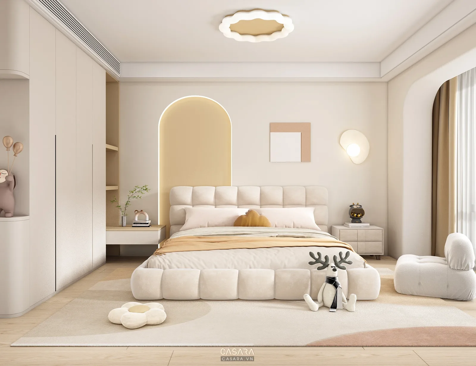 Phòng ngủ chính chung cư 2 phòng ngủ có giường bọc nệm và tủ áo kịch trần