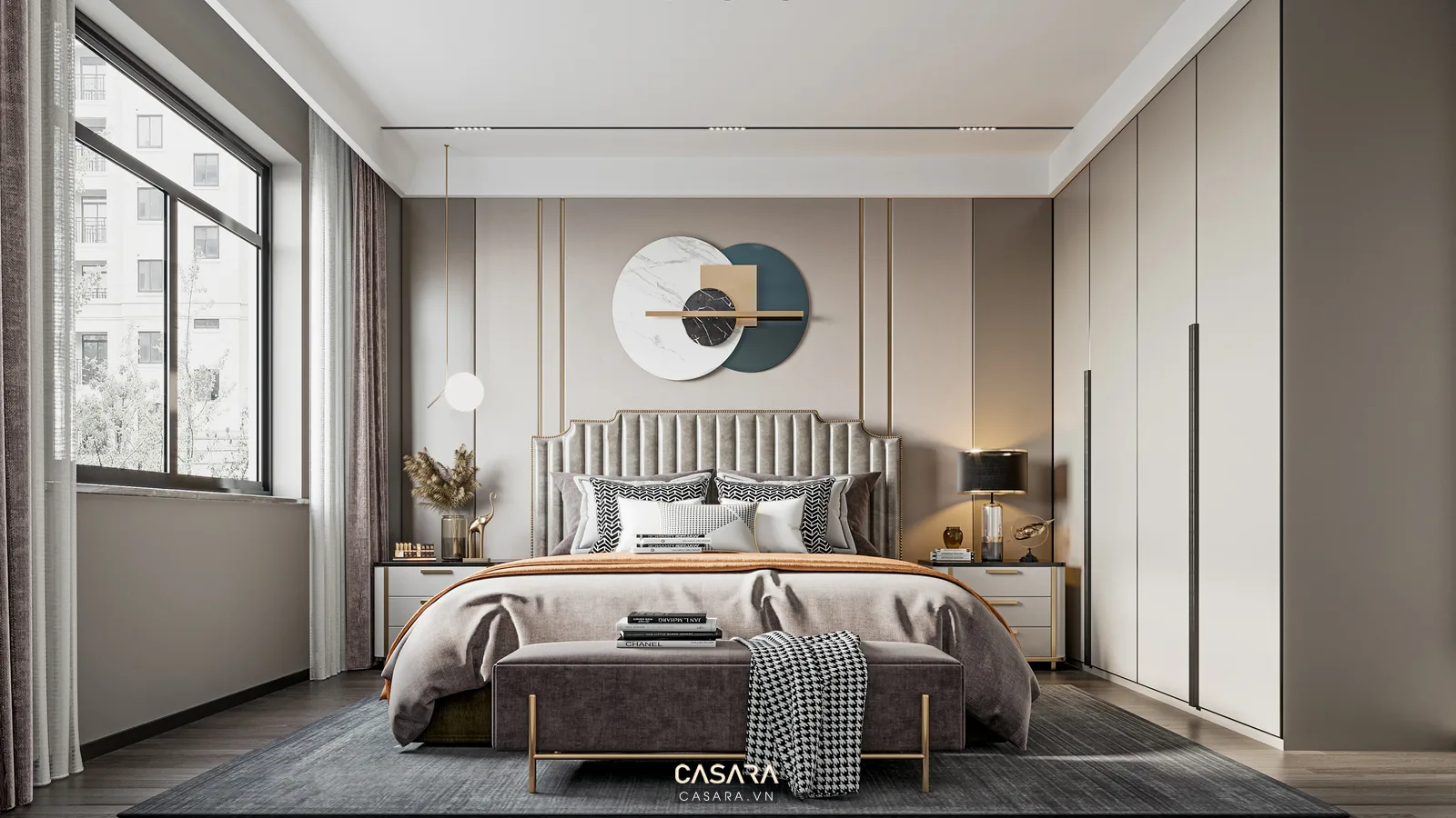 phòng ngủ nhỏ căn hộ 40m2 với giường và tủ áo sát trần