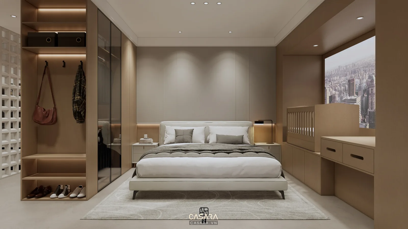 phòng ngủ căn hộ 2 phòng ngủ có tủ áo và bàn làm việc
