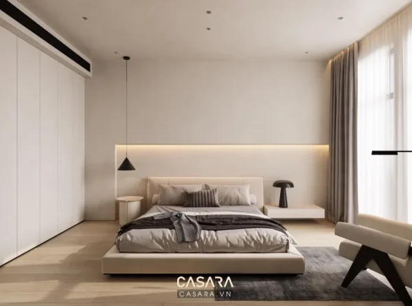 Phòng ngủ hiện đại với giường bọc nệm, tủ âm tường và rèm cửa lớn