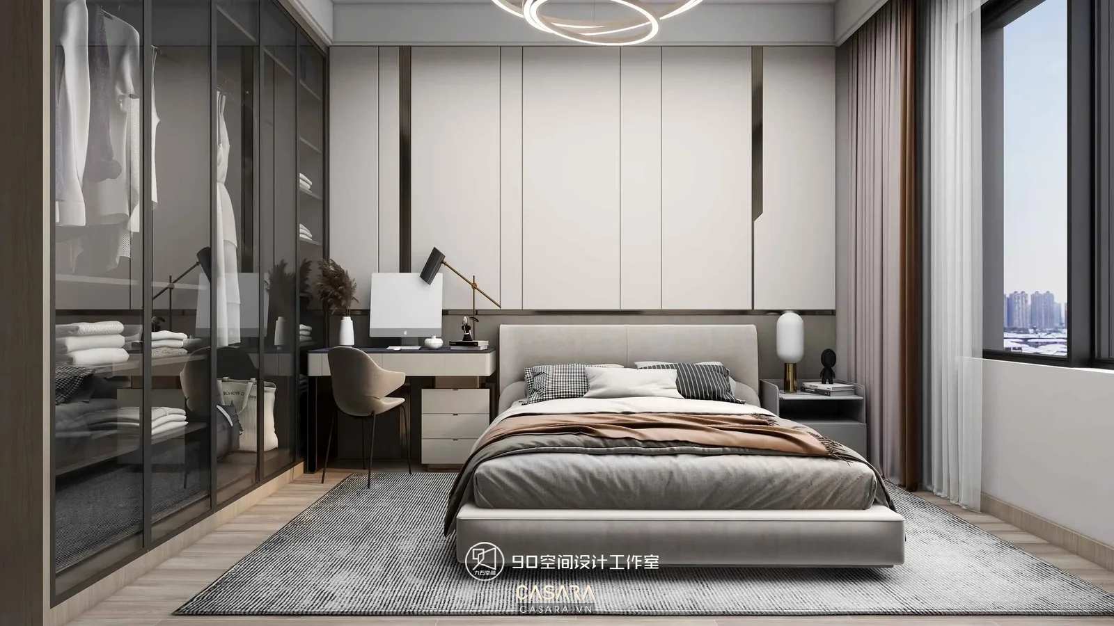 Phối cảnh phòng ngủ căn hộ hiện đại với giường tủ áo và bàn làm việc