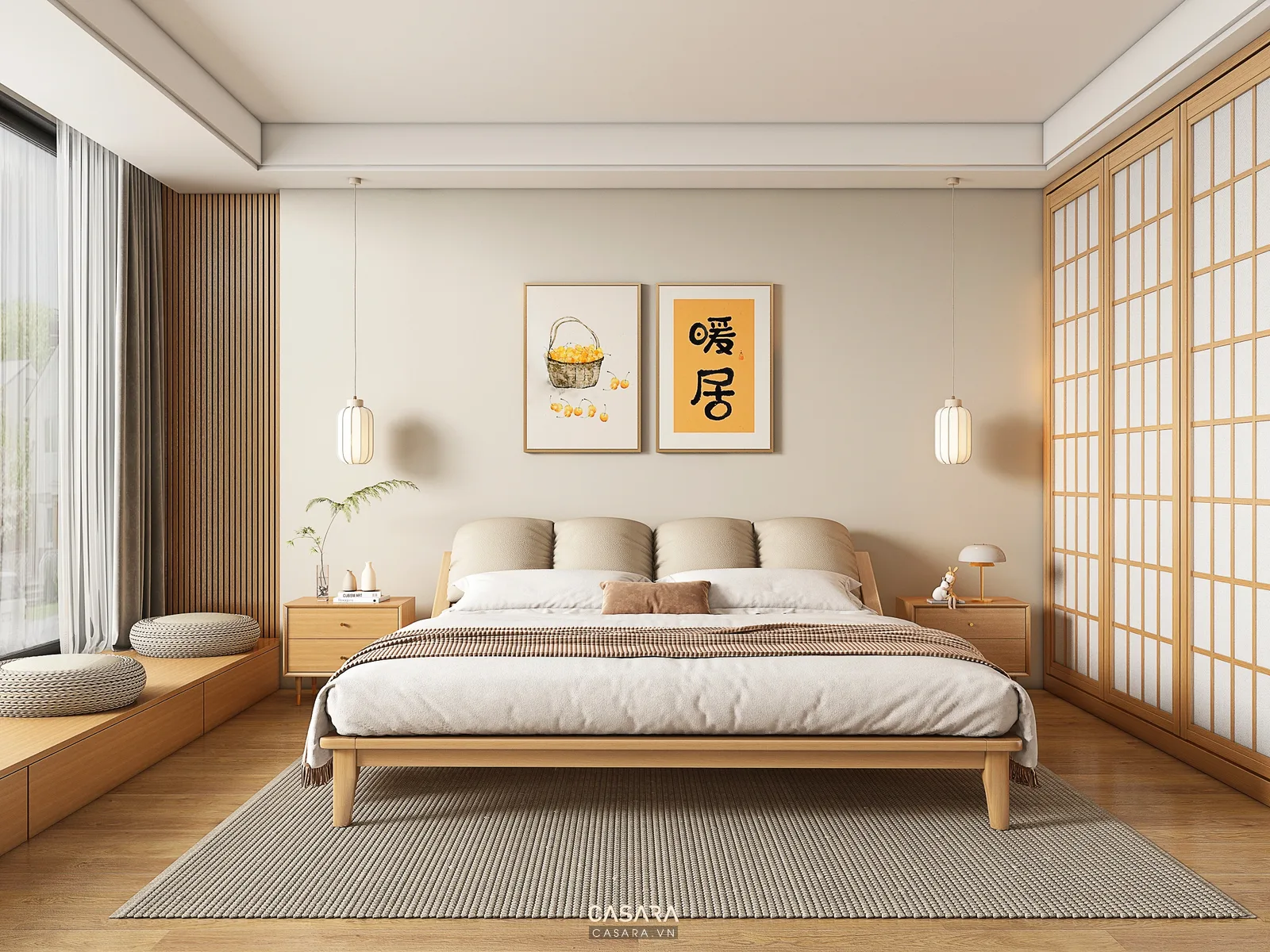 phòng ngủ nhà 40m2 với giường lưu trữ và tủ áo cánh lùa