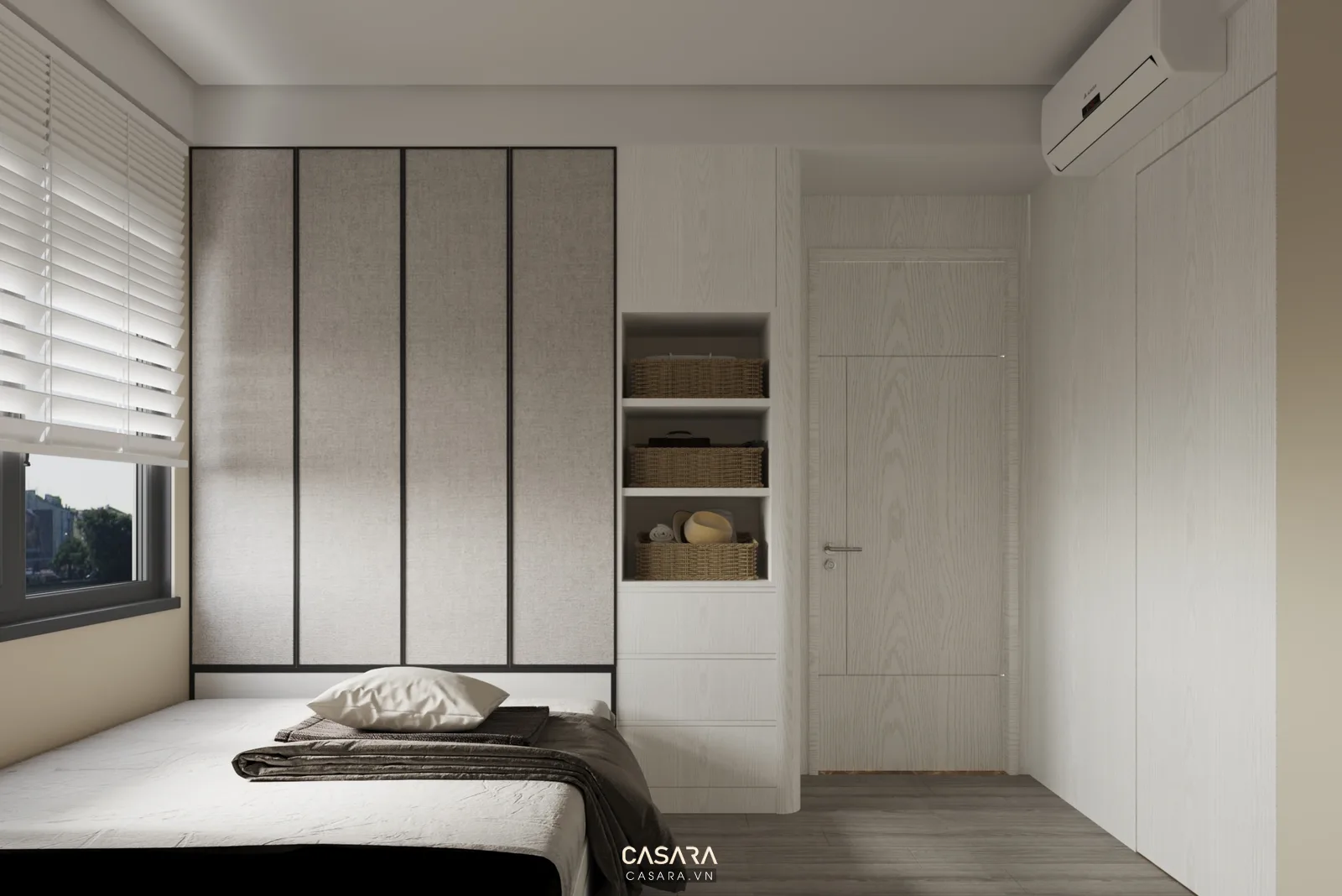 phòng ngủ căn hộ 70m2 có tủ áo và bàn học tối ưu lưu trữ