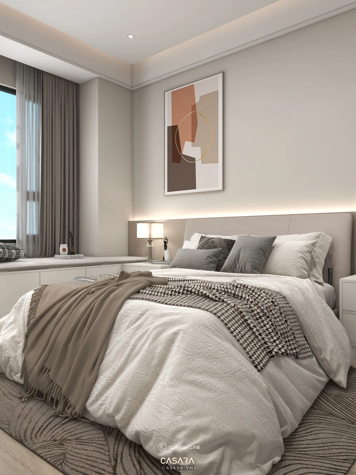 mẫu nội thất đẹp trong phòng ngủ với tủ áo màu sáng và đầu giường bọc vải
