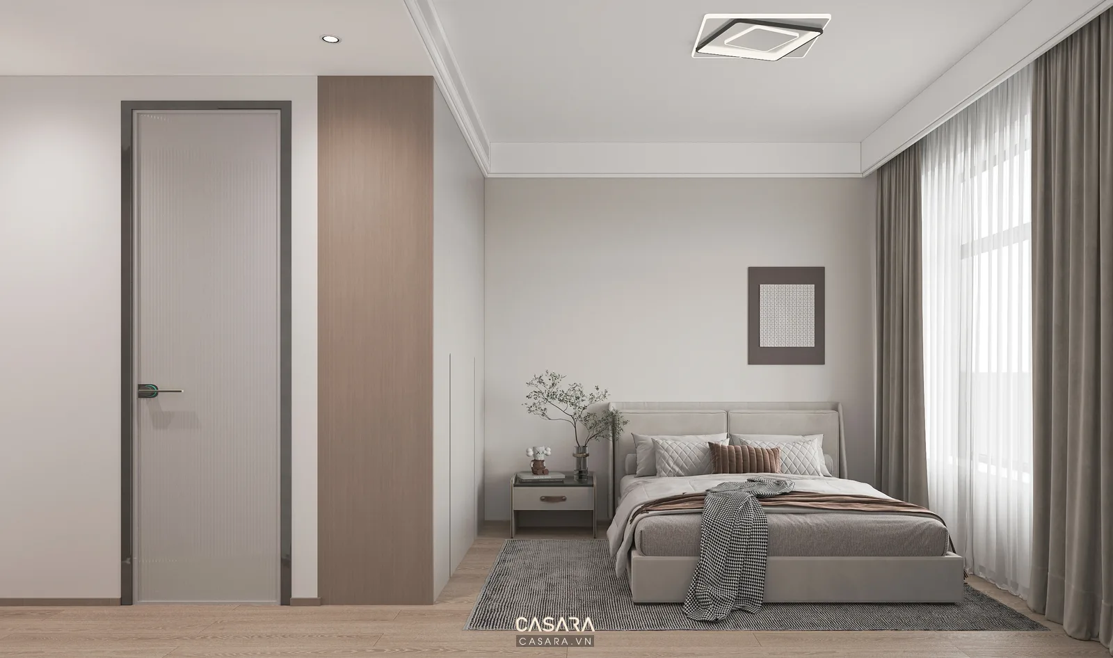 Mẫu nội thất nhà đẹp trong phòng ngủ có giường gỗ, đầu giường bọc nệm, tủ áo và rèm hai lớp