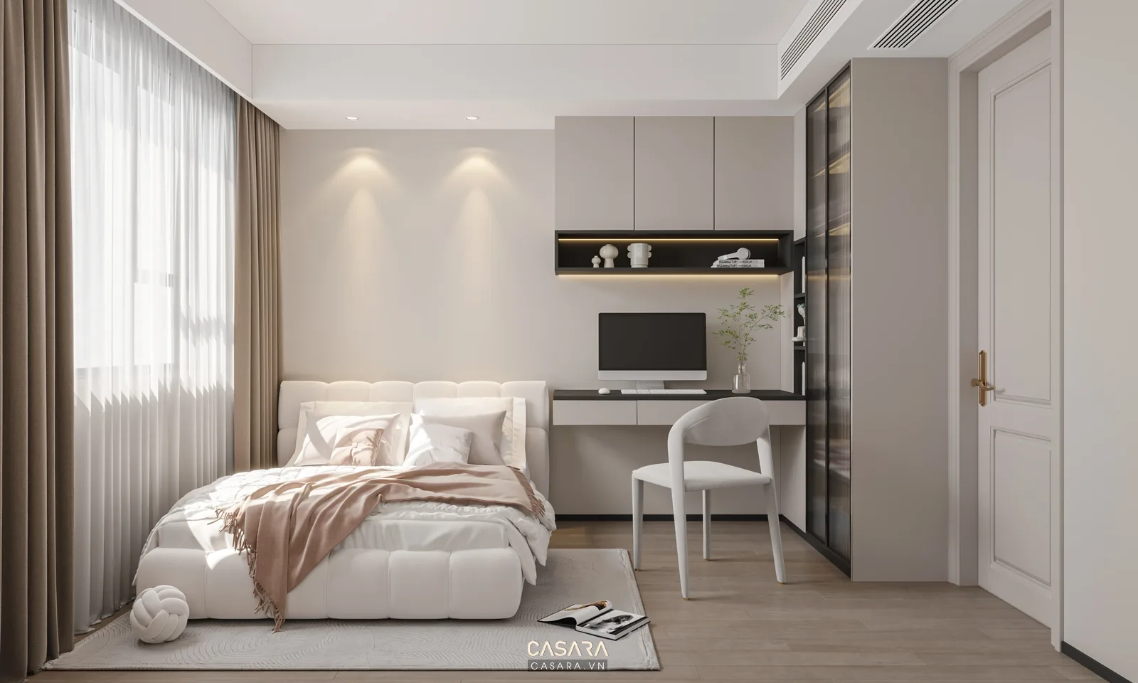 Phòng ngủ đẹp cho bé gái có giường ngăn kéo, kệ đồ chơi thấp và bàn học nhỏ