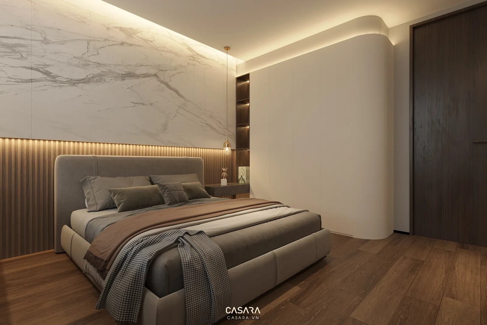 phòng ngủ chung cư 60m2 với giường đôi và tủ áo cao sát trần