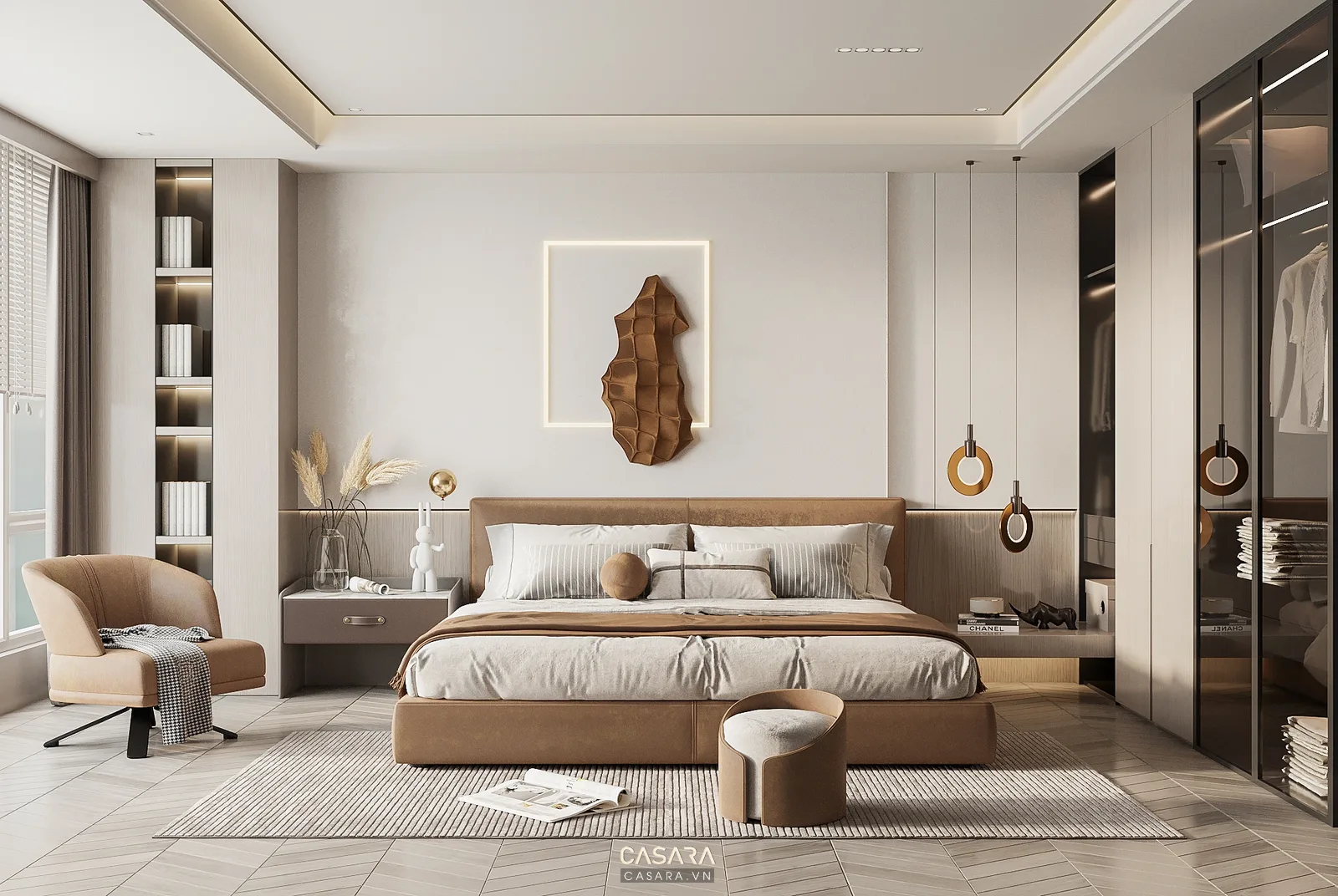 Nội thất căn studio hiện đại ấm áp với sàn gỗ tủ áo kịch trần và đèn sàn