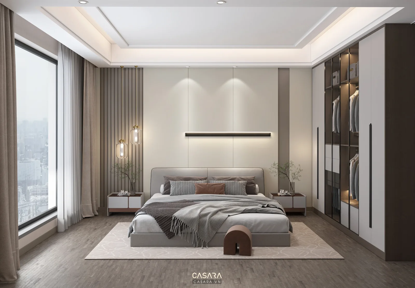 phòng ngủ chung cư đẹp hiện đại có giường thấp đầu giường ốp gỗ và tủ áo cánh phẳng