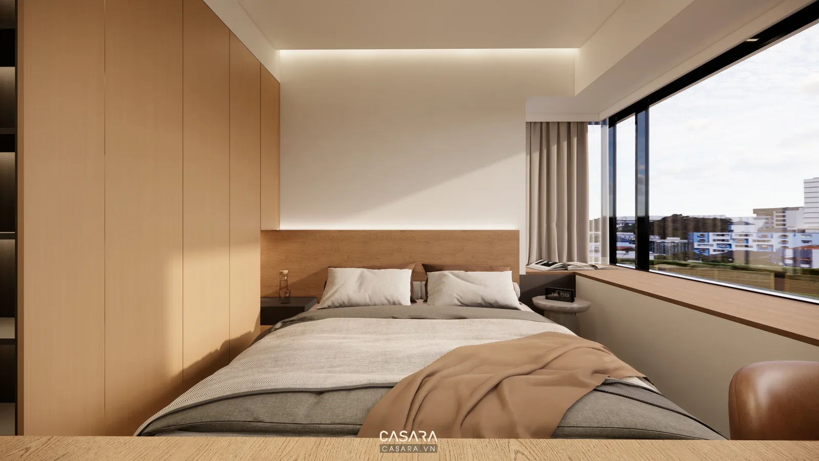 Thiết kế nội thất phòng ngủ với tủ áo âm tường gỗ sáng, cánh tủ phẳng, giường bọc vải màu be nhạt, tab treo tường và sàn gỗ