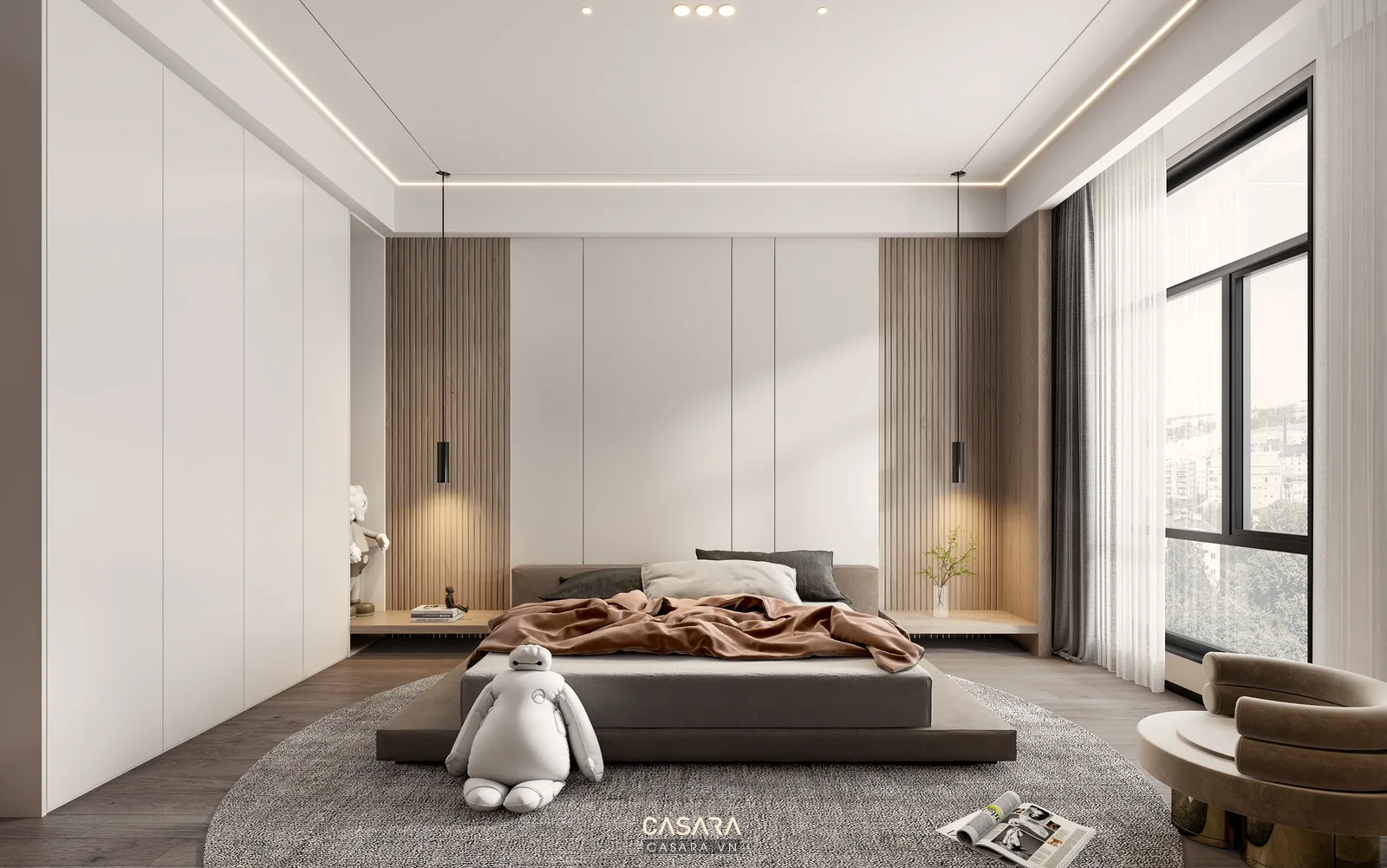Nội thất phòng ngủ cho bé trai hoàn thiện với giường gỗ góc đọc sách và kệ đồ chơi