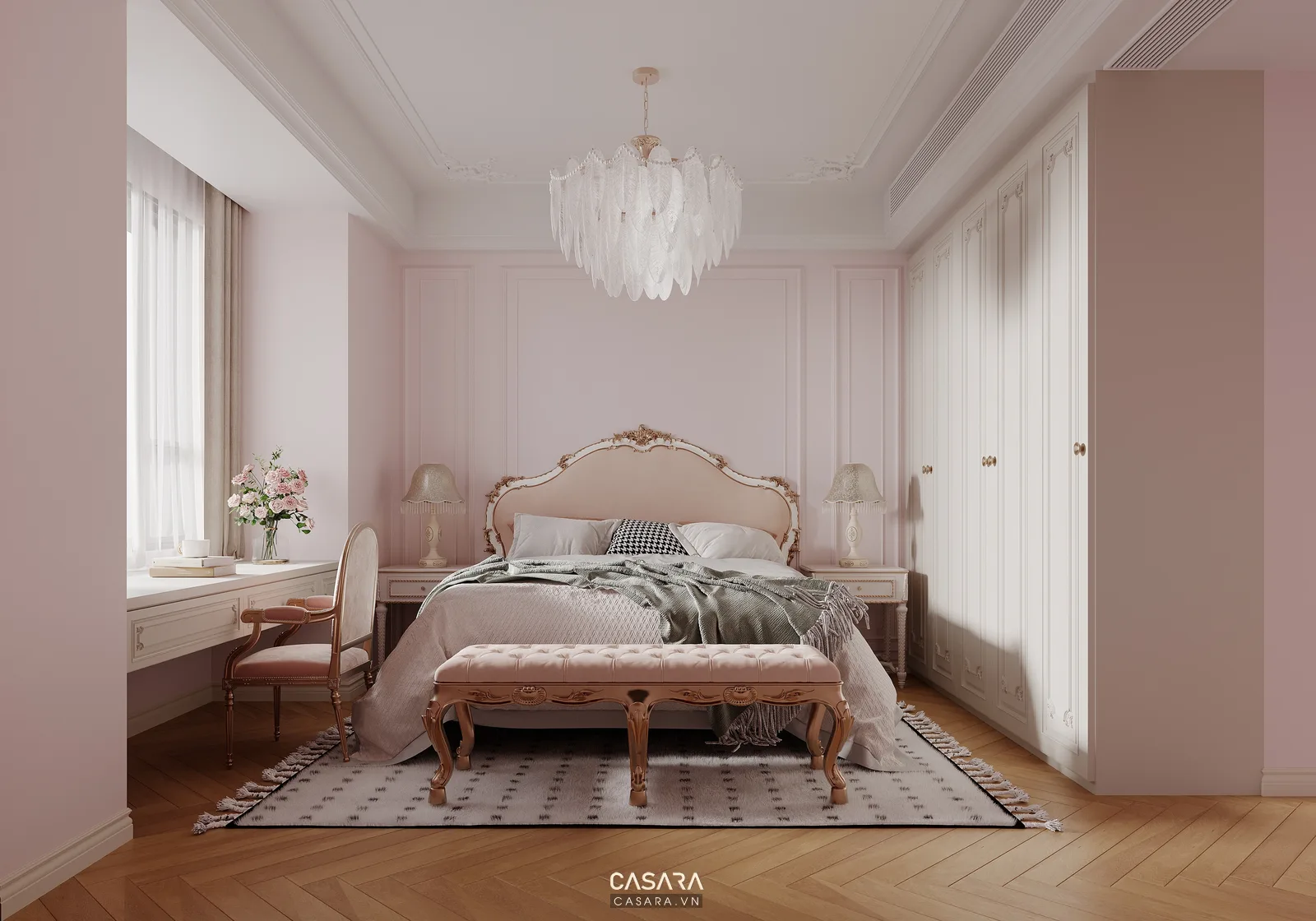 Phòng ngủ phụ chung cư 70m2 với giường đơn bàn làm việc kệ sách và tủ áo nhỏ
