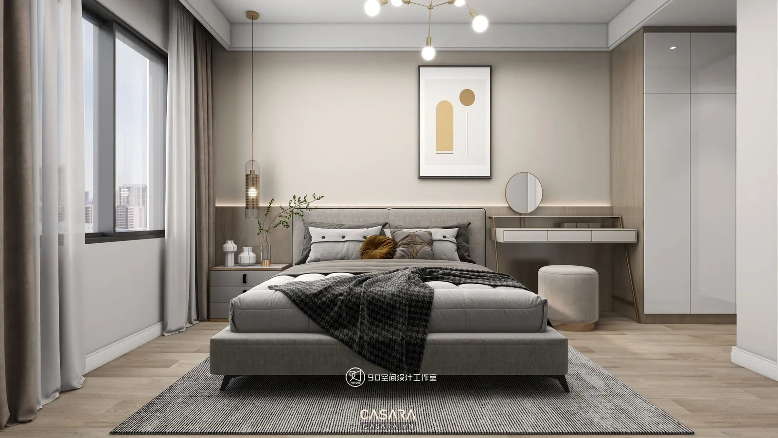 tủ quần áo phòng ngủ kịch trần bằng gỗ công nghiệp, cánh phẳng màu sáng và giường ngủ gỗ