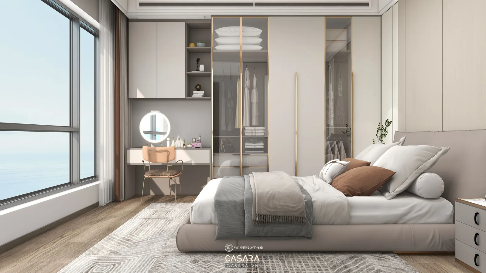 Phòng ngủ Sài Gòn hiện đại với giường bọc nệm và tủ áo kịch trần