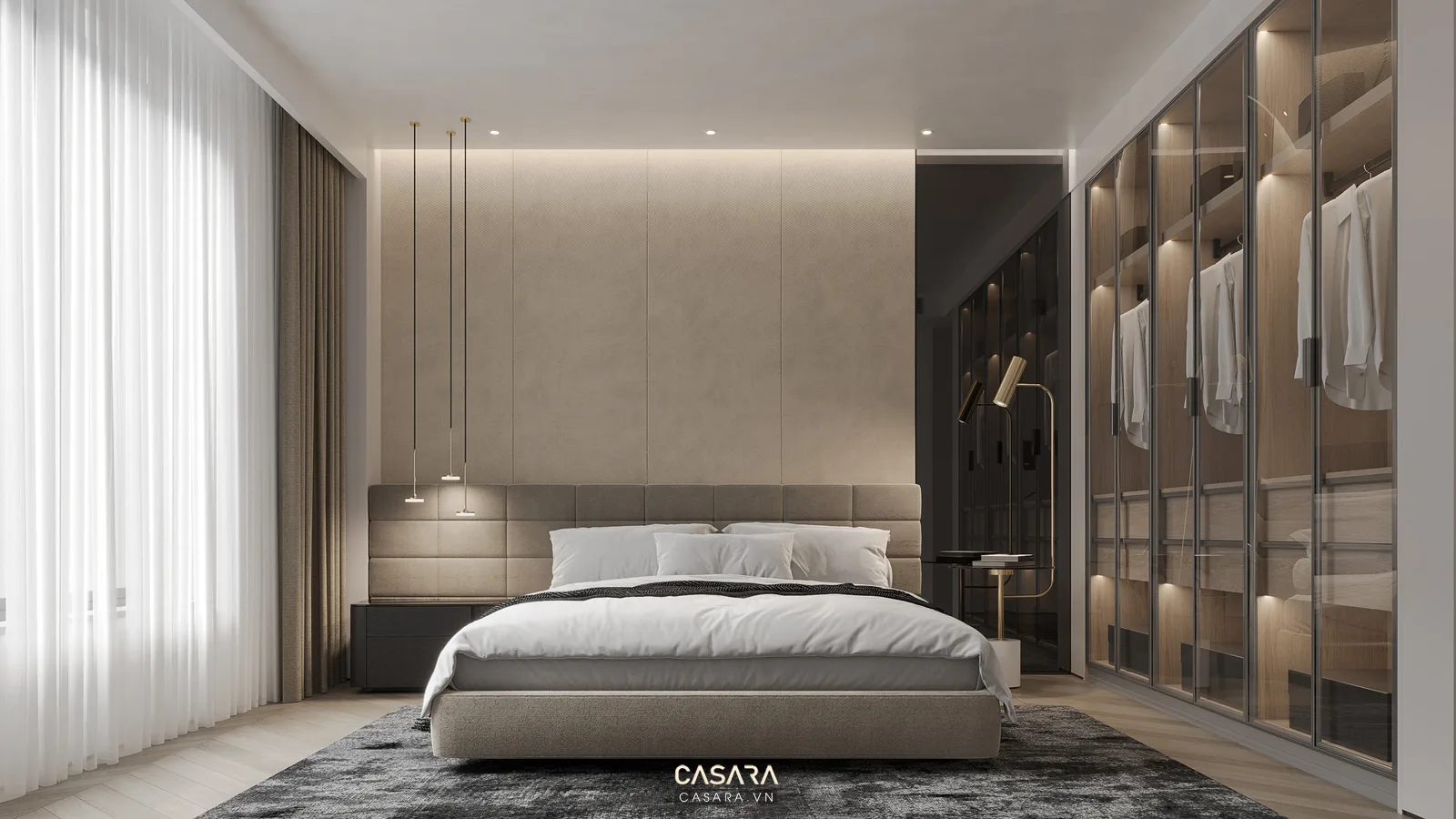 thiết kế phòng ngủ luxury với giường lớn vách đầu giường bọc nệm tủ áo kính đèn hắt và rèm hai lớp