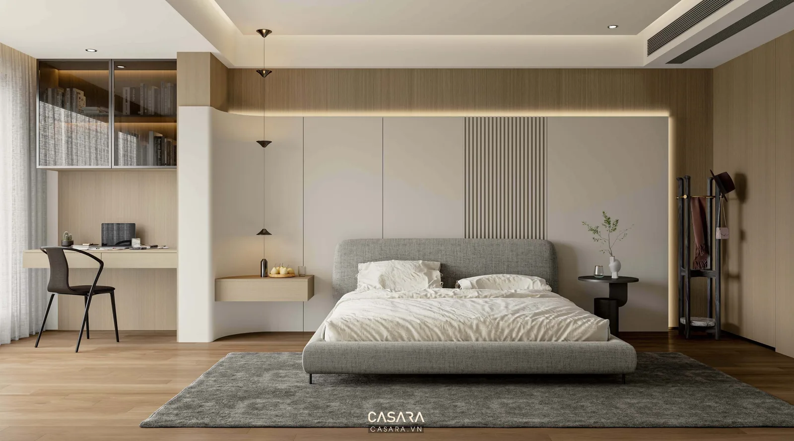 Nội thất căn hộ studio với giường phân vùng, sofa nhỏ và bàn làm việc cạnh cửa sổ