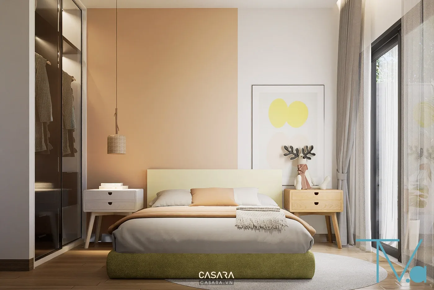Phòng ngủ chung cư 60m2 với giường và tủ áo gỗ sáng