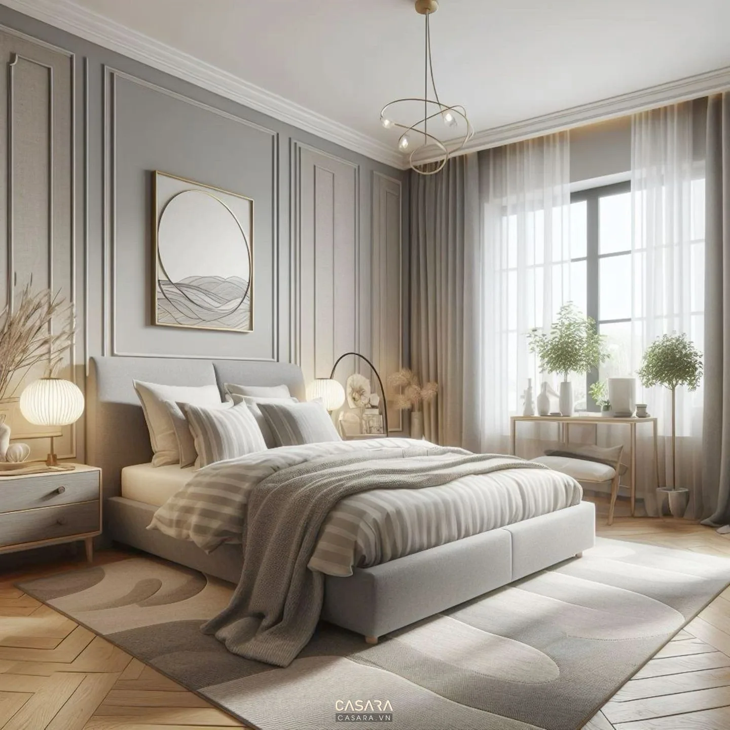 Phòng ngủ có rèm hai lớp đèn đầu giường ánh sáng ấm và vách đầu giường gỗ