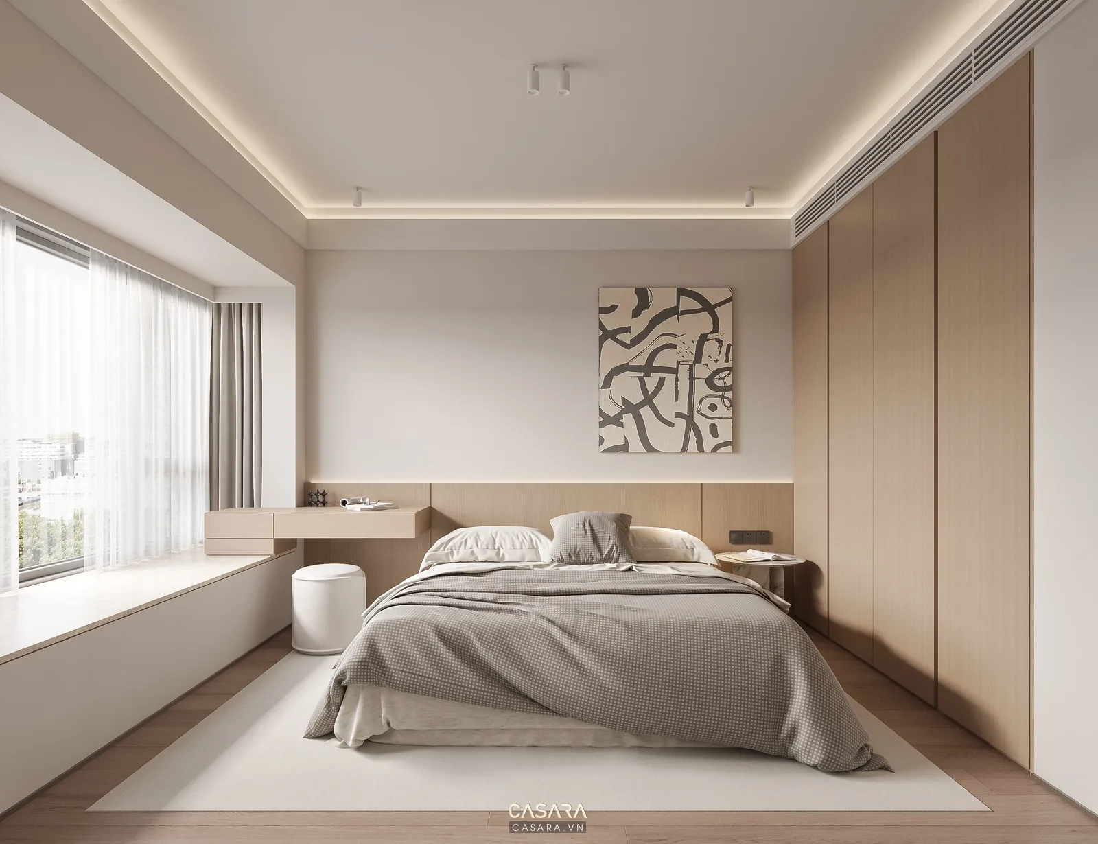 Phòng ngủ chung cư 60m2 có giường, tủ áo kịch trần và bàn làm việc nhỏ