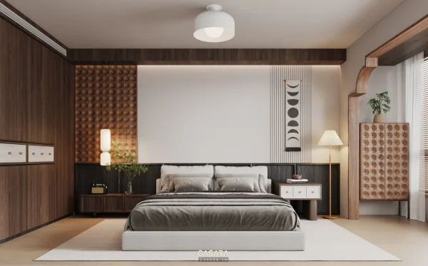 Phòng ngủ hiện đại với giường thấp, tủ gỗ lớn và vách đầu giường trang trí