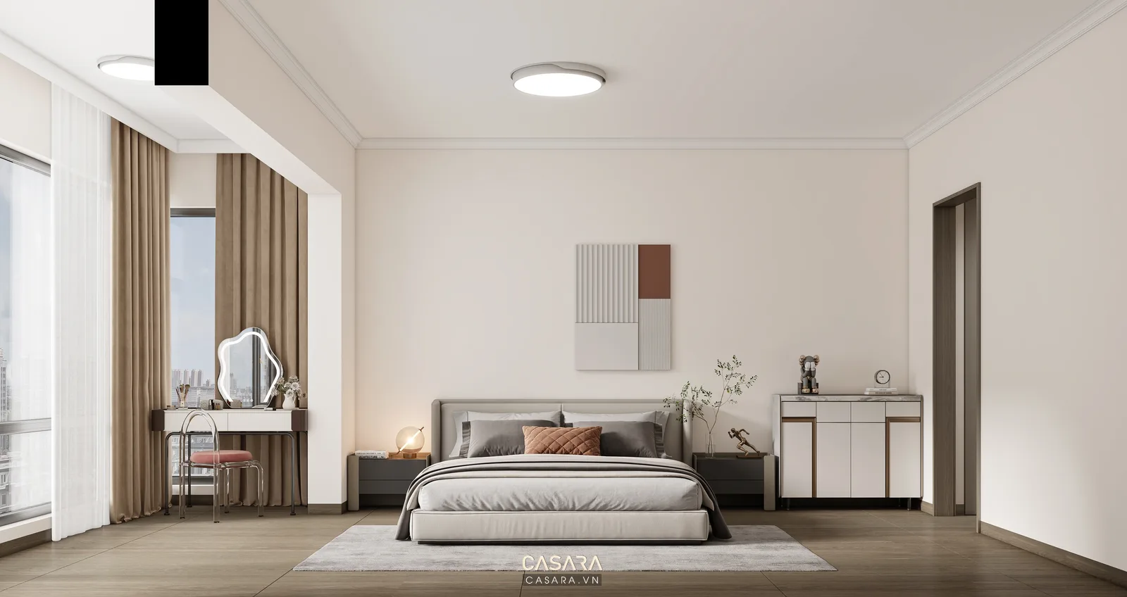 Mẫu phòng ngủ cho bé gái hiện đại với giường thấp, tủ âm tường, bàn học cạnh cửa sổ và màu gỗ sáng