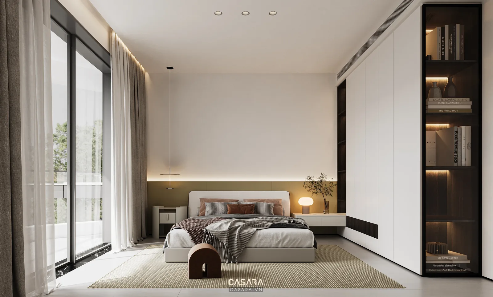 Phòng ngủ chung cư 70m2 có giường bọc nệm tủ áo kịch trần và rèm hai lớp
