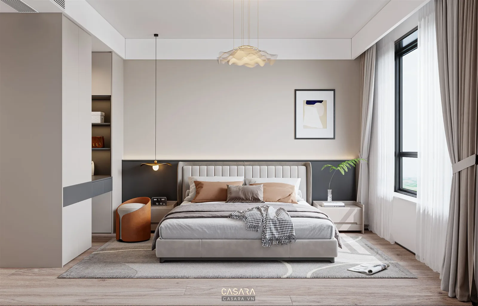 Phòng ngủ nhà phố đẹp với giường bọc nệm tủ áo kịch trần và rèm hai lớp
