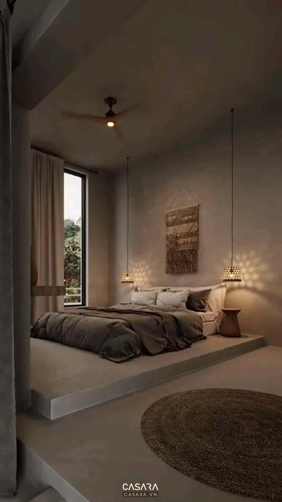 Phòng ngủ chung cư có đầu giường bọc vải rèm hai lớp và vật liệu gỗ sáng