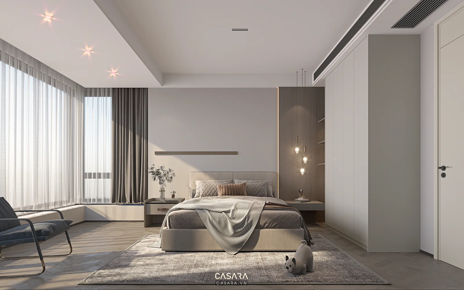 phòng ngủ căn hộ đẹp hiện đại có giường bọc nệm và tủ áo âm tường