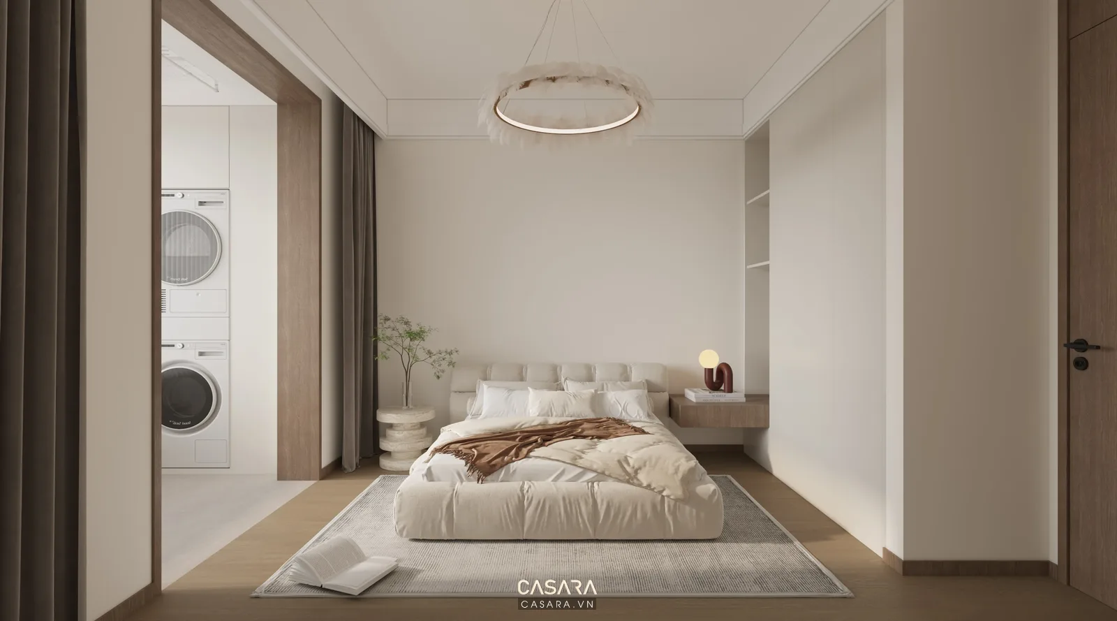 thiết kế căn hộ studio 25m2 với giường tủ áo và bàn làm việc gọn
