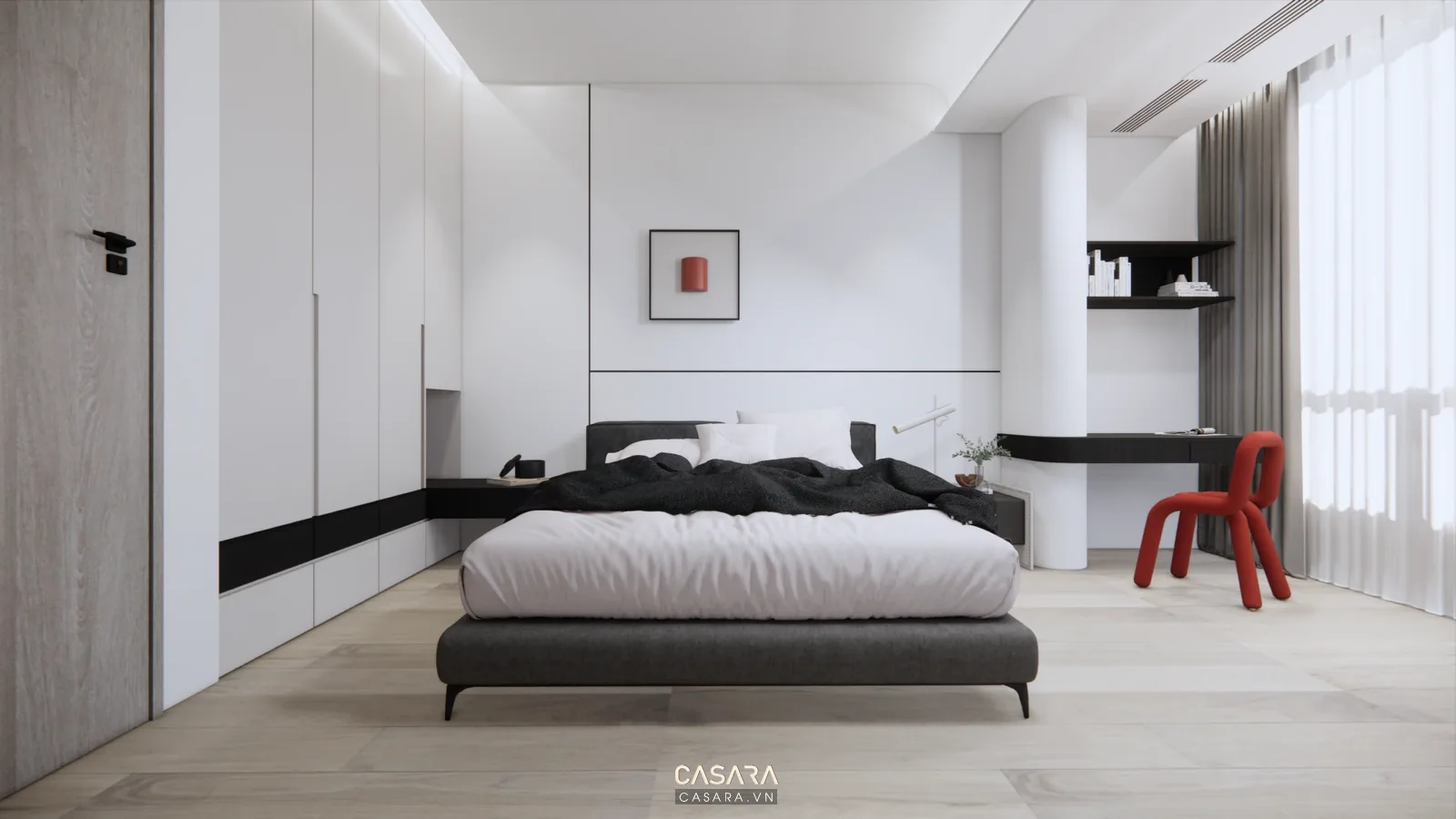 góc làm việc trong căn hộ chung cư 110m2 có bàn cạnh cửa sổ kệ treo và đèn bàn