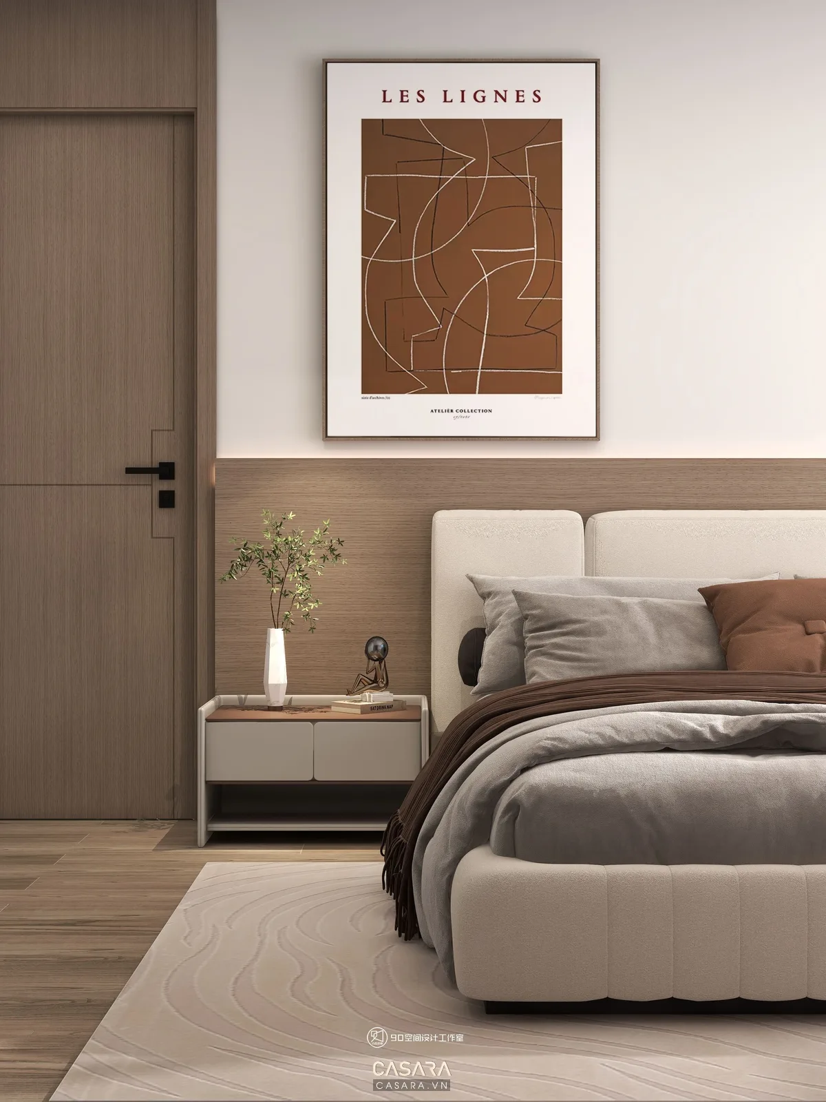 Trang trí tường phòng ngủ đẹp với đầu giường ốp gỗ và tranh tối giản