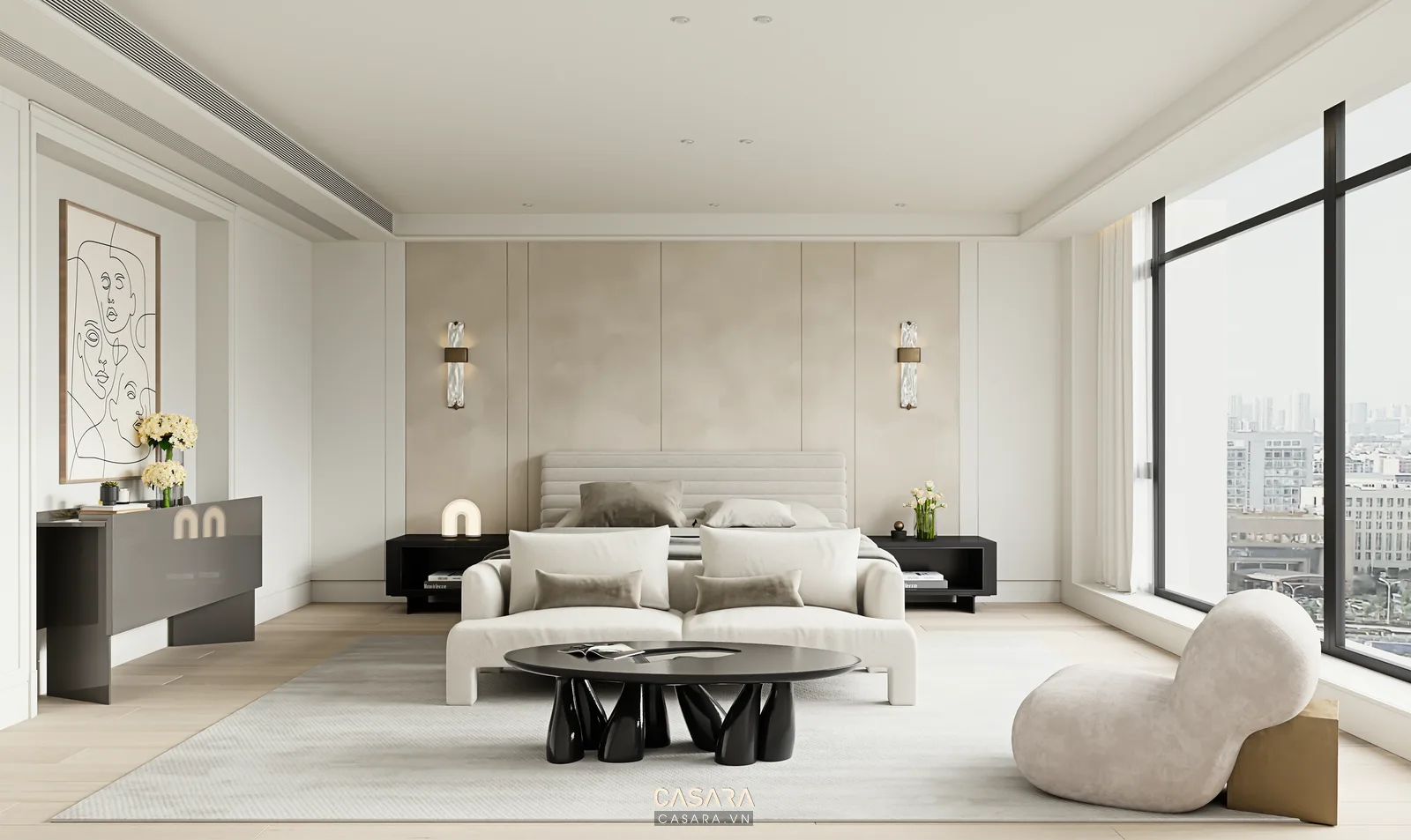Phòng khách nhà phố hiện đại với sofa vải, bàn trà tròn và kệ tivi gỗ thấp