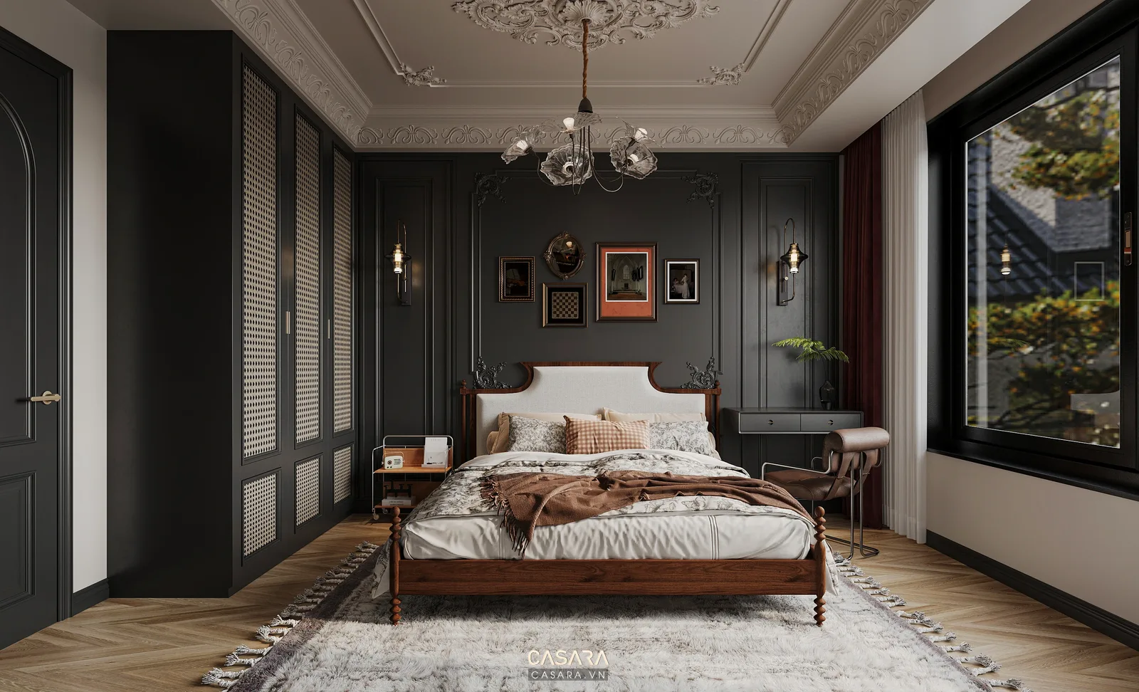 Phòng ngủ thiết kế nội thất với tủ áo kịch trần giường bọc nệm bàn trang điểm nhỏ và vật liệu gỗ ấm