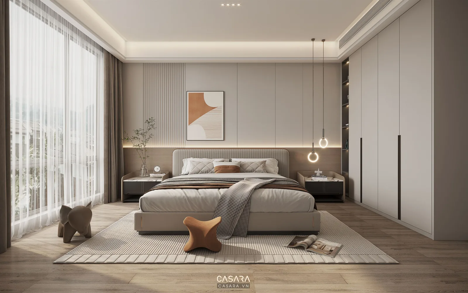 Căn hộ phòng ngủ hiện đại với giường bọc nệm tủ áo kịch trần đèn đầu giường và rèm sáng màu