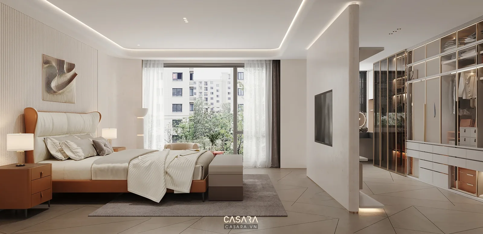 thiết kế nội thất căn hộ phòng ngủ với giường bọc nệm và tủ âm tường