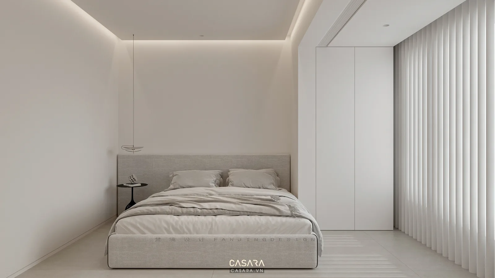 Tủ âm tường giường gỗ sáng và rèm vải trong căn hộ studio